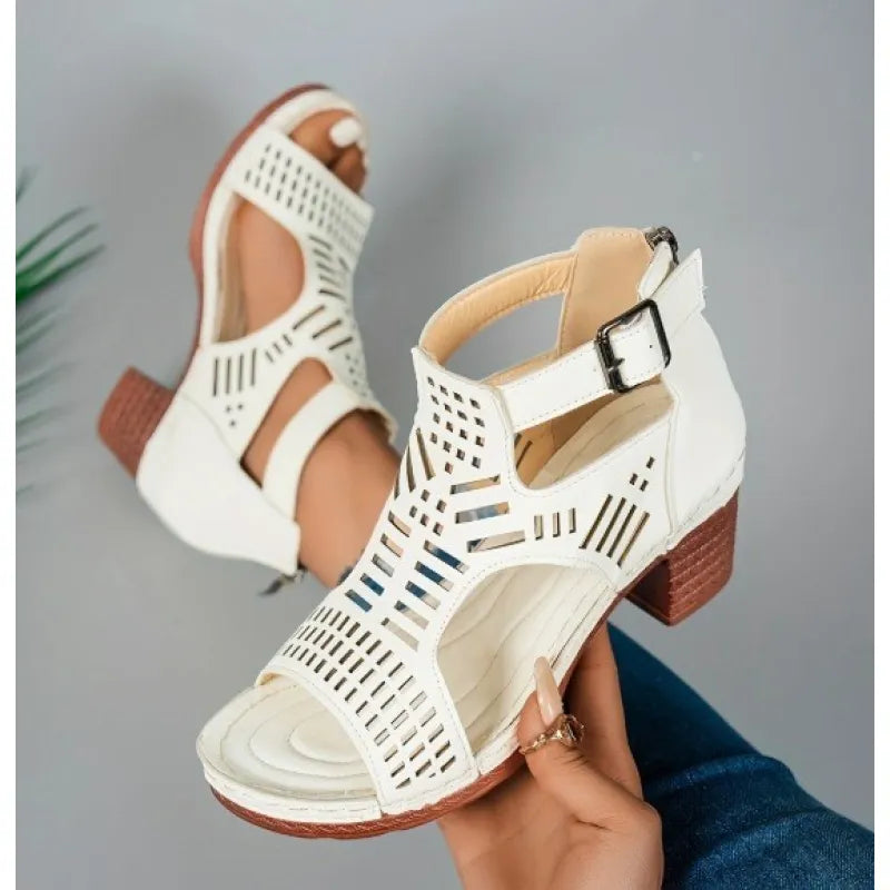 Sandales Talon Bloc Ajourées – Femme