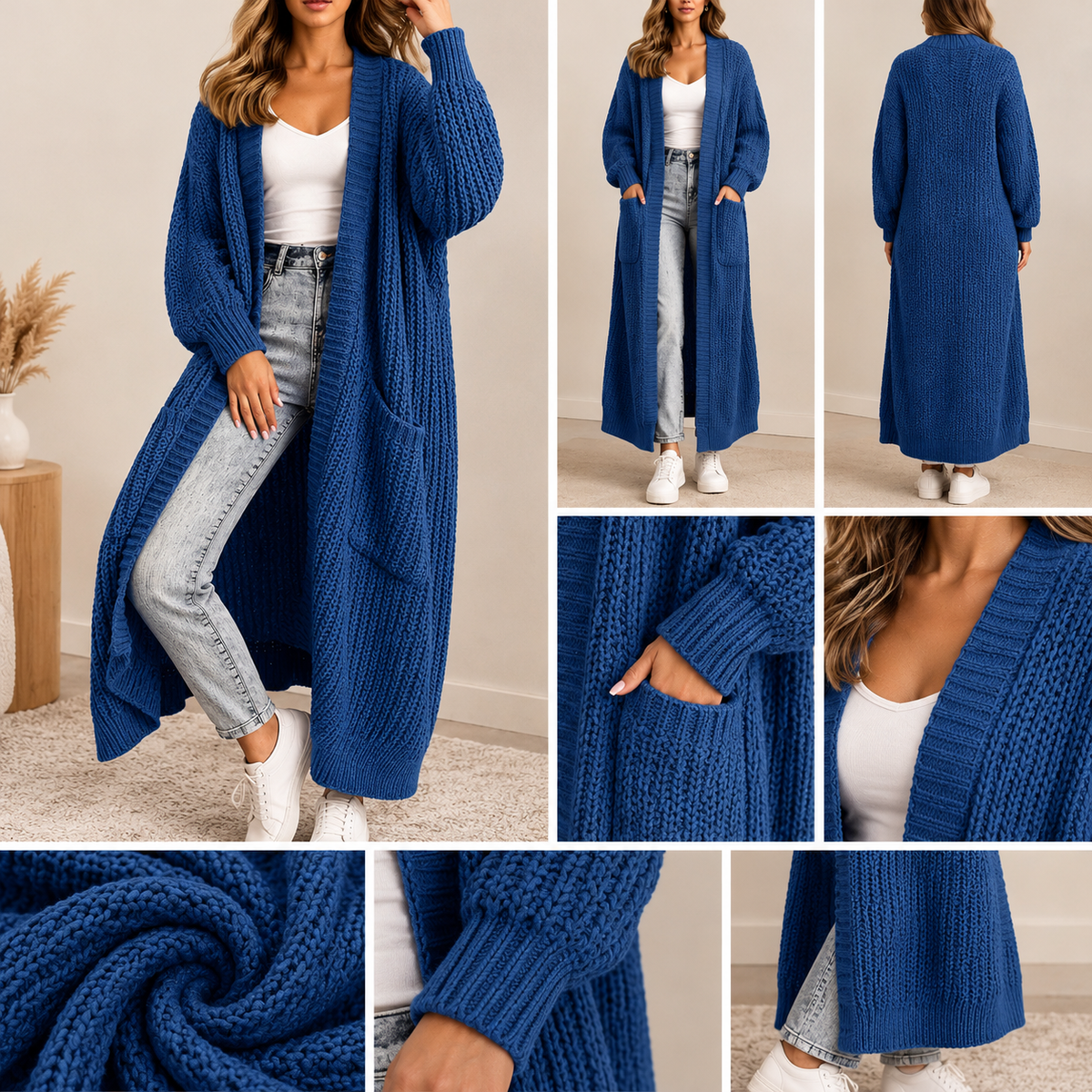 Gilet Long en Maille Épaisse – Bleu