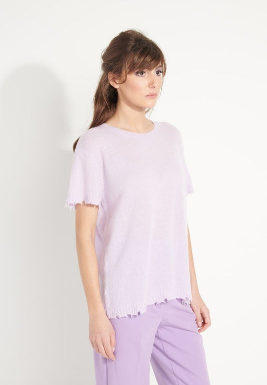 T-shirt col rond femme en cachemire déjaugé lilas - AVA 6