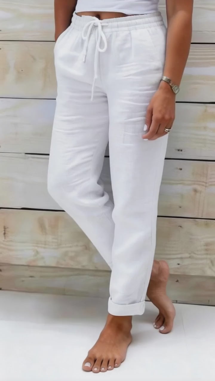 Pantalon femme taille haute en coton et lin – confort léger et style décontracté