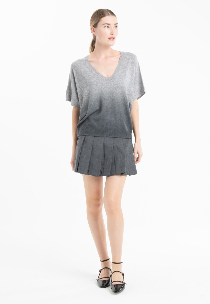 Pull col V manches chauve-souris femme en cachemire tie & dye gris clair & gris anthracite - RIA 7B