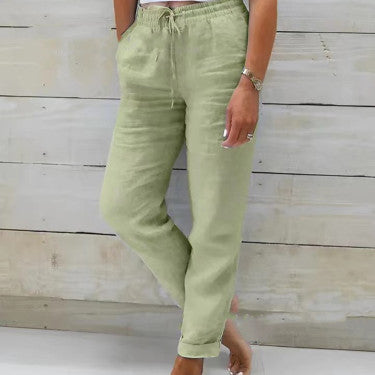 Pantalon femme taille haute en coton et lin – confort léger et style décontracté