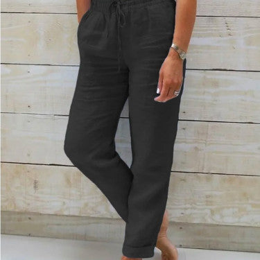 Pantalon femme taille haute en coton et lin – confort léger et style décontracté