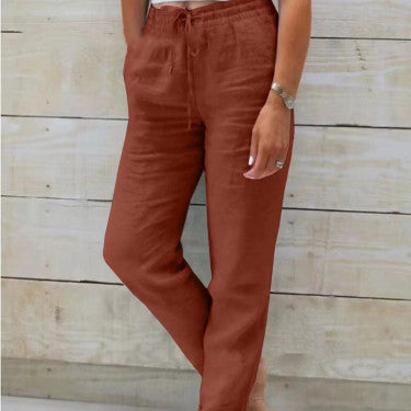 Pantalon femme taille haute en coton et lin – confort léger et style décontracté