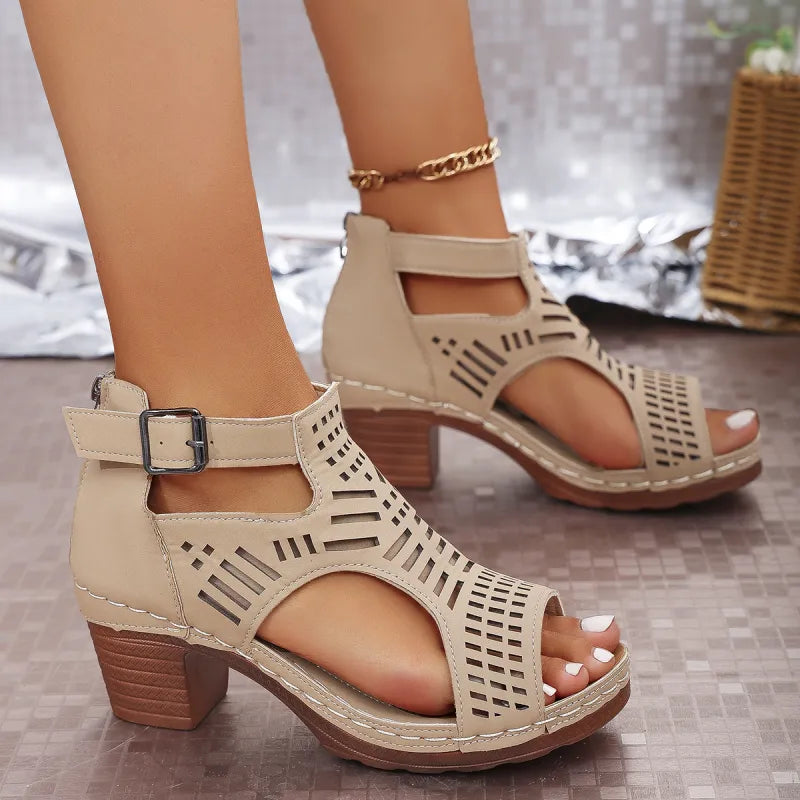 Sandales Talon Bloc Ajourées – Femme