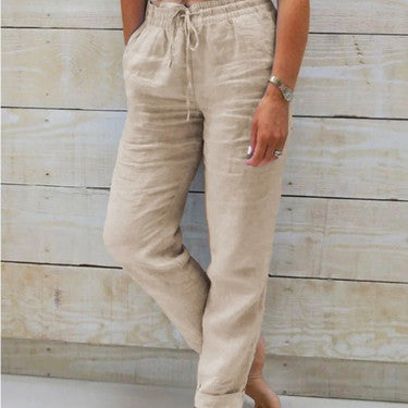 Pantalon femme taille haute en coton et lin – confort léger et style décontracté