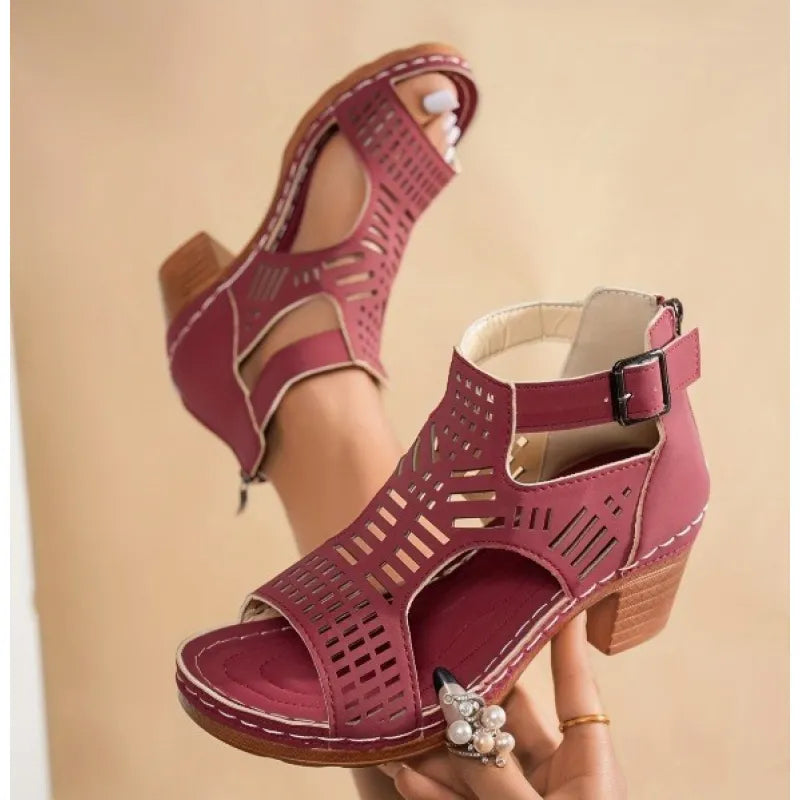 Sandales Talon Bloc Ajourées – Femme