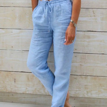 Pantalon femme taille haute en coton et lin – confort léger et style décontracté
