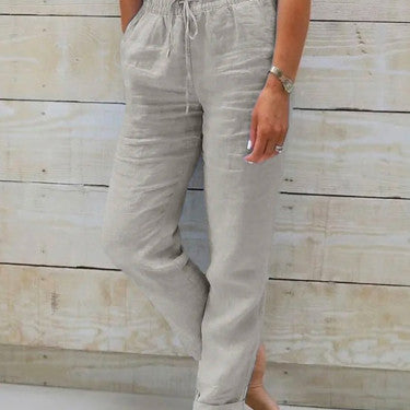 Pantalon femme taille haute en coton et lin – confort léger et style décontracté