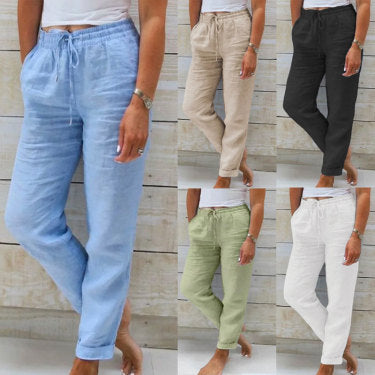 Pantalon femme taille haute en coton et lin – confort léger et style décontracté